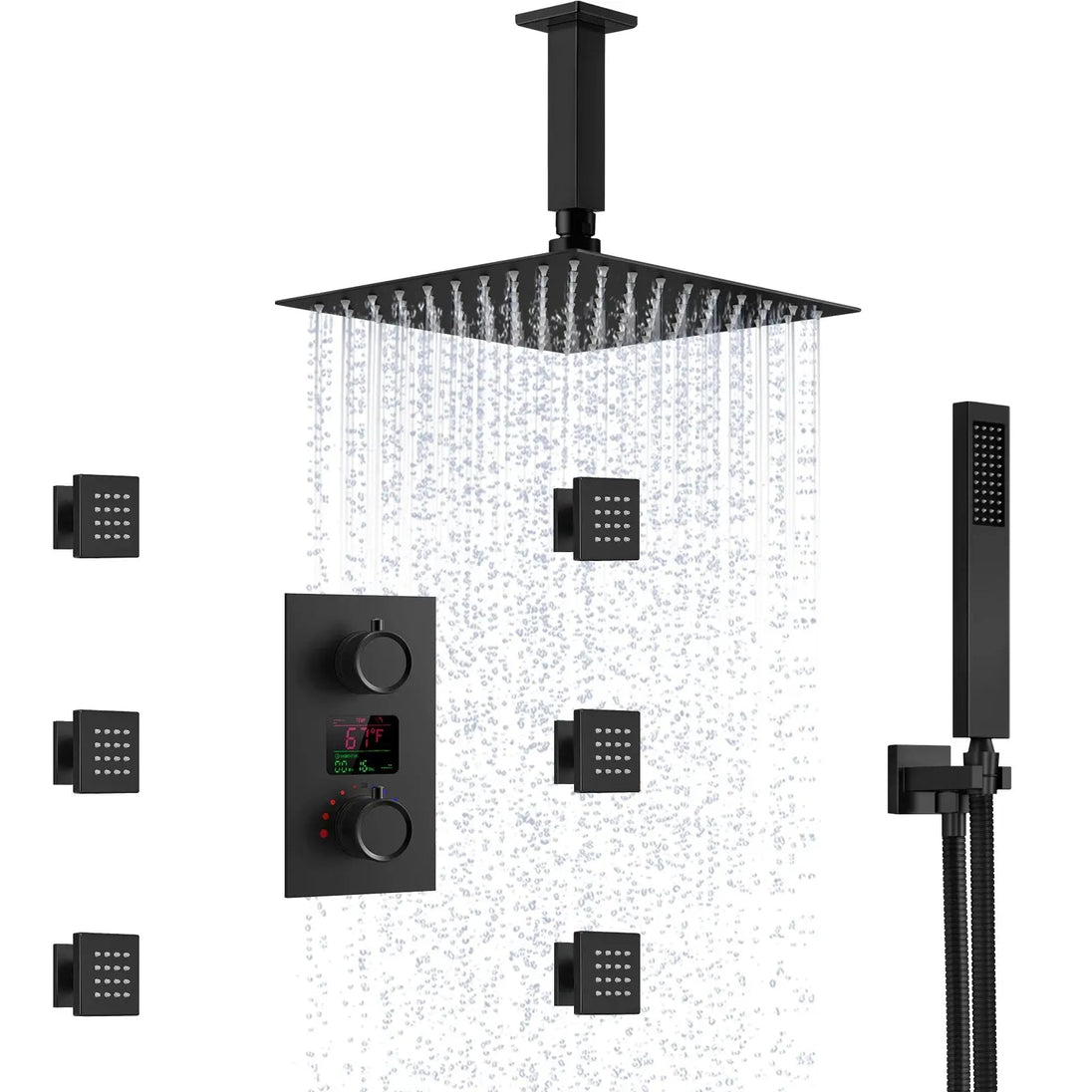 Brushed Gold Rainfall Shower Head With Handheld and Body Jets Thermostatic - 3 - Function Exposed Shower SystemBathroomLux