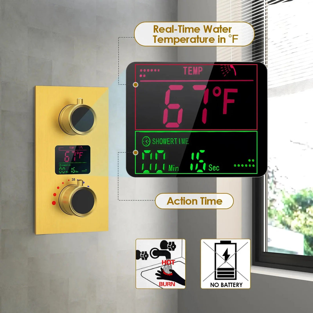 Brushed Gold Rainfall Shower Head With Handheld and Body Jets Thermostatic - 3 - Function Exposed Shower SystemBathroomLux