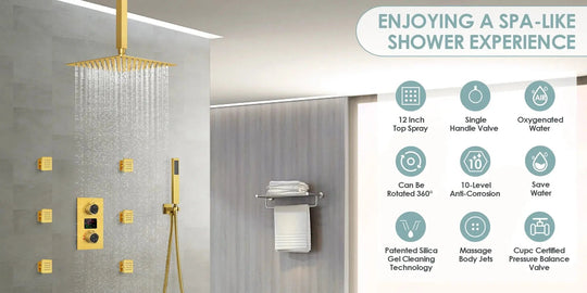 Brushed Gold Rainfall Shower Head With Handheld and Body Jets Thermostatic - 3 - Function Exposed Shower SystemBathroomLux