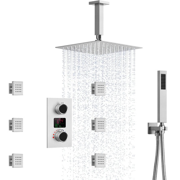 Brushed Gold Rainfall Shower Head With Handheld and Body Jets Thermostatic - 3 - Function Exposed Shower SystemBathroomLux