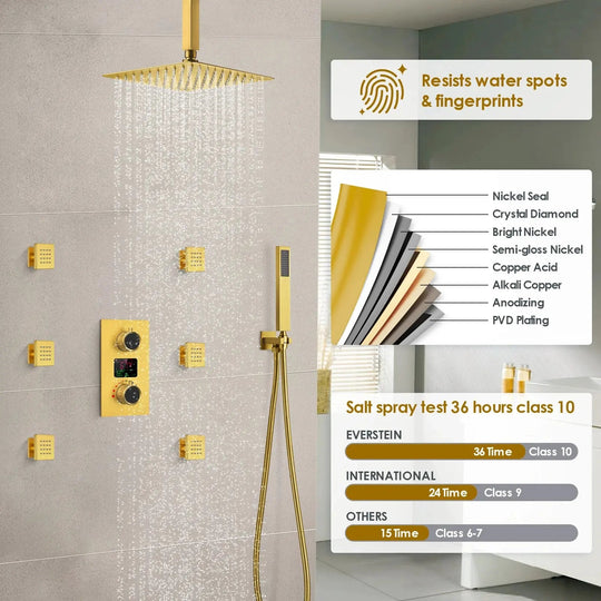 Brushed Gold Rainfall Shower Head With Handheld and Body Jets Thermostatic - 3 - Function Exposed Shower SystemBathroomLux
