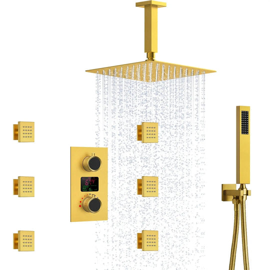 Brushed Gold Rainfall Shower Head With Handheld and Body Jets Thermostatic - 3 - Function Exposed Shower SystemBathroomLux