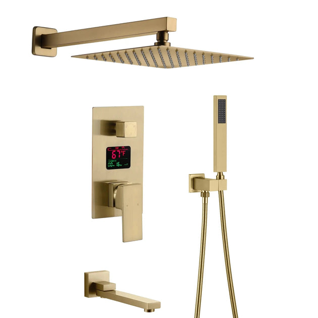 Brushed Gold Wall - Mounted Rainfall Shower Set with LED Digital Display - Brushed Gold Rainfall Shower SetBathroomLux