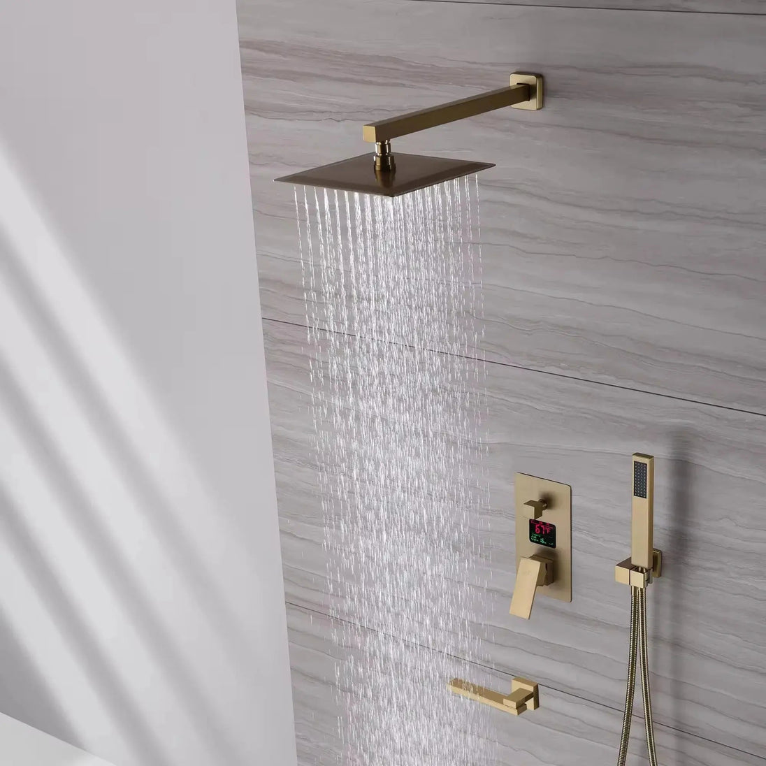 Brushed Gold Wall - Mounted Rainfall Shower Set with LED Digital Display - Brushed Gold Rainfall Shower SetBathroomLux