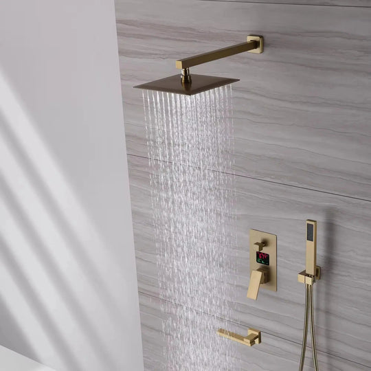 Brushed Gold Wall - Mounted Rainfall Shower Set with LED Digital Display - Brushed Gold Rainfall Shower SetBathroomLux