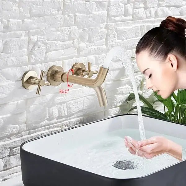 Brushed Golden Wall Mounted Basin Faucet Dual Handle Rotate Spout Bathroom - Matte Black Wall - Mounted Basin Mixer TapBathroomLux