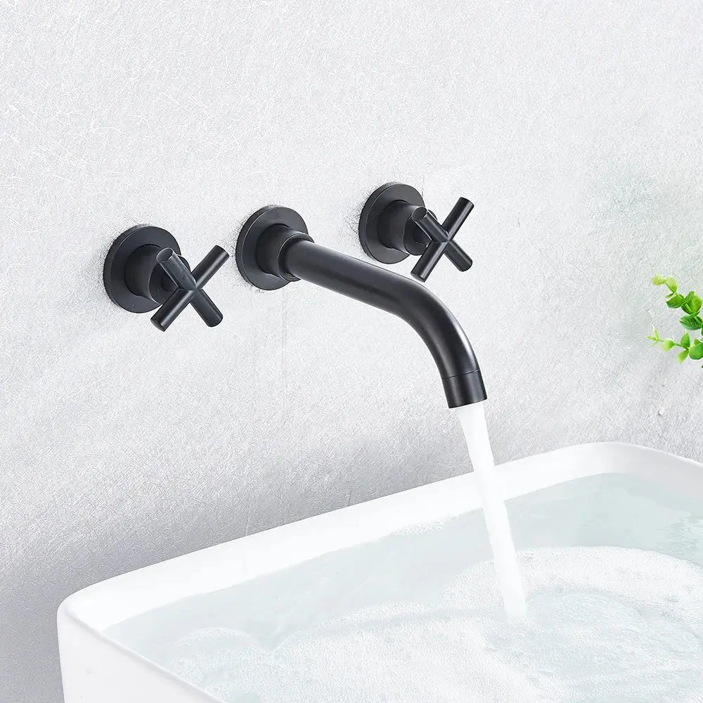 Brushed Golden Wall Mounted Basin Faucet Dual Handle Rotate Spout Bathroom - Matte Black Wall - Mounted Basin Mixer TapBathroomLux