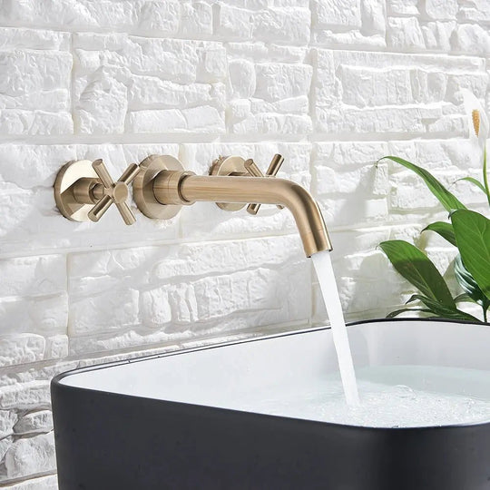 Brushed Golden Wall Mounted Basin Faucet Dual Handle Rotate Spout Bathroom - Matte Black Wall - Mounted Basin Mixer TapBathroomLux