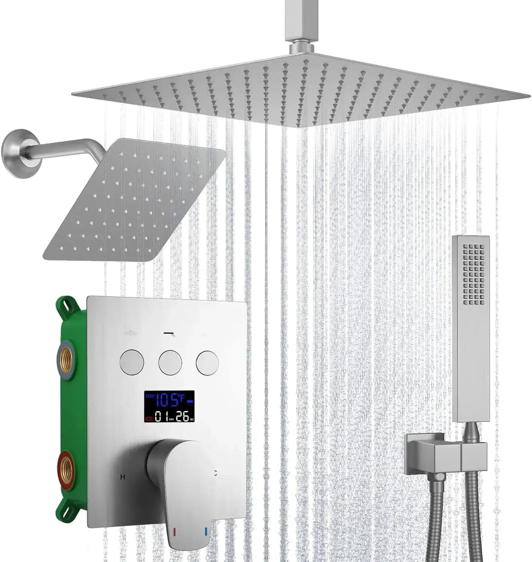 Brushed Nickel Wall Mounted Shower Faucet Set with Rain Shower Head - Rain Shower HeadBathroomLux