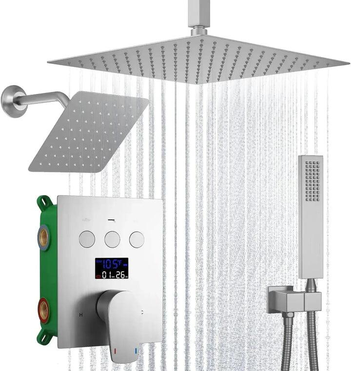 Brushed Nickel Wall Mounted Shower Faucet Set with Rain Shower Head - Rain Shower HeadBathroomLux