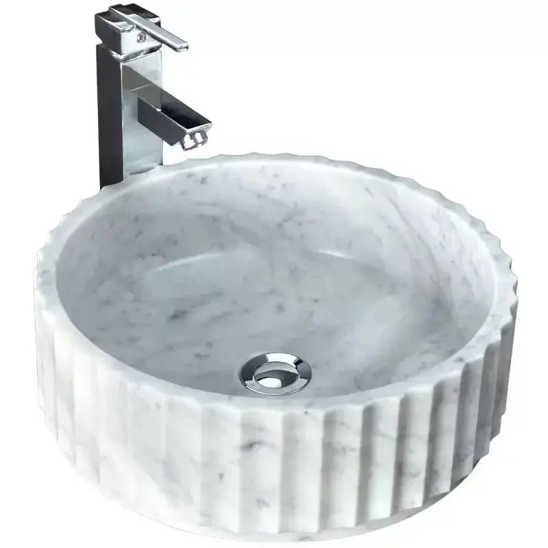 Carrara White Marble Fluted Round Wash Basin – Custom Natural Stone Sink - Natural stone bathroom sinkBathroomLux