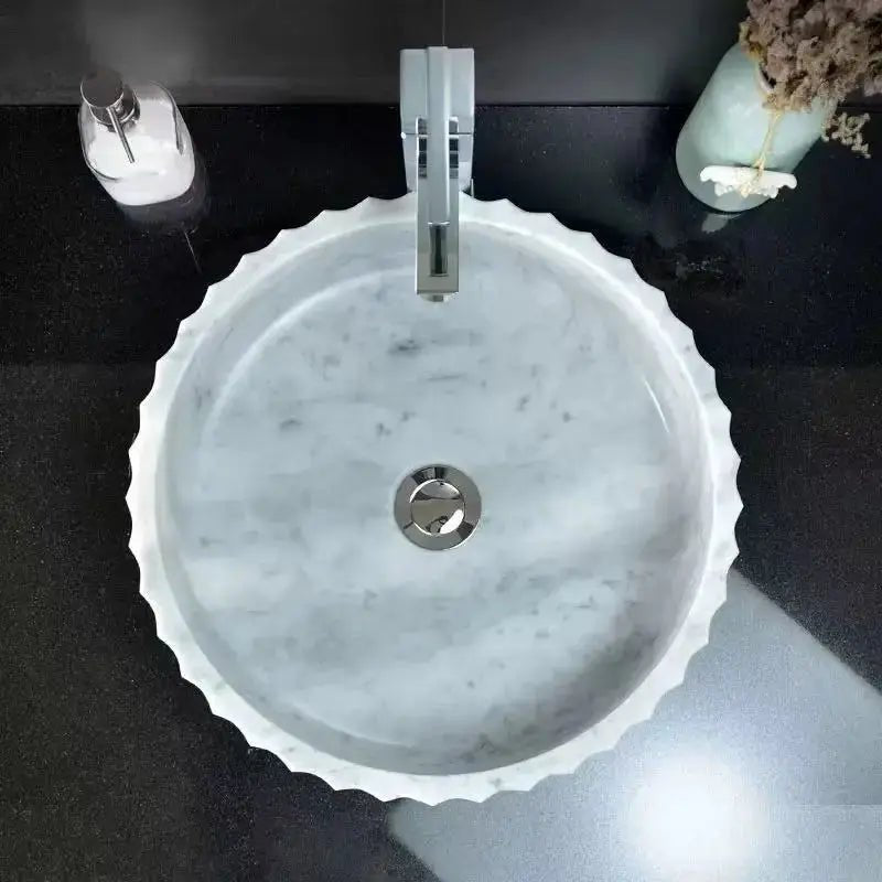 Carrara White Marble Fluted Round Wash Basin – Custom Natural Stone Sink - Natural stone bathroom sinkBathroomLux