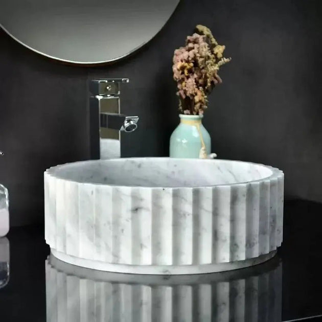 Carrara White Marble Fluted Round Wash Basin – Custom Natural Stone Sink - Natural stone bathroom sinkBathroomLux