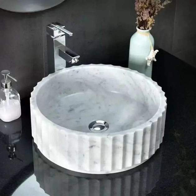 Carrara White Marble Fluted Round Wash Basin – Custom Natural Stone Sink - Natural stone bathroom sinkBathroomLux