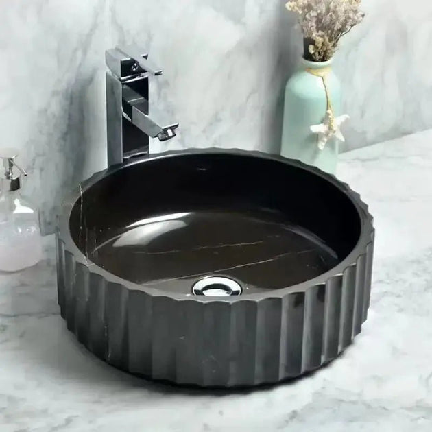 Carrara White Marble Fluted Round Wash Basin – Custom Natural Stone Sink - Natural stone bathroom sinkBathroomLux