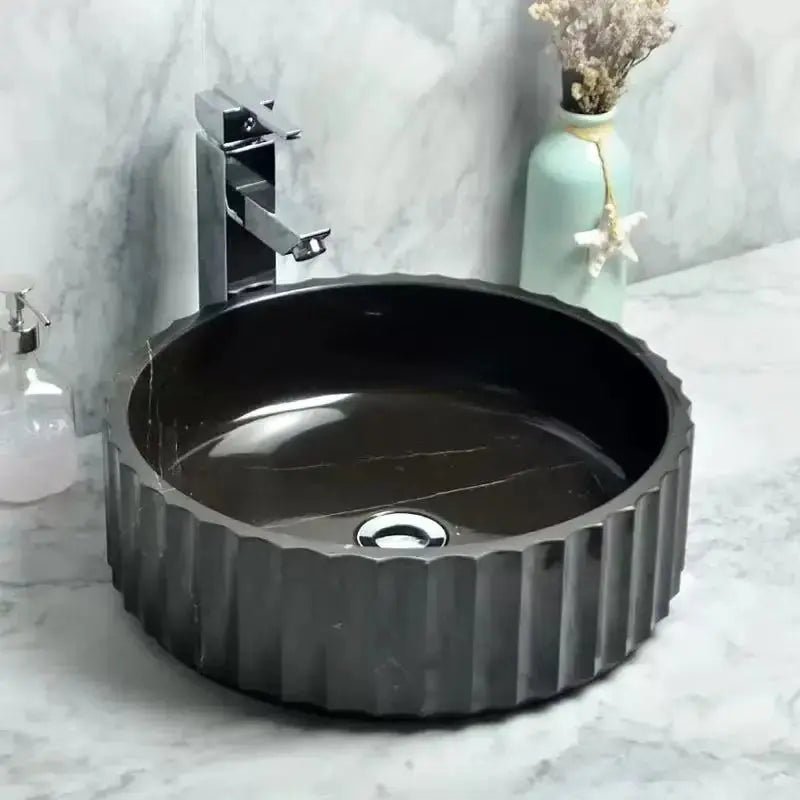 Carrara White Marble Fluted Round Wash Basin – Custom Natural Stone Sink - Natural stone bathroom sinkBathroomLux