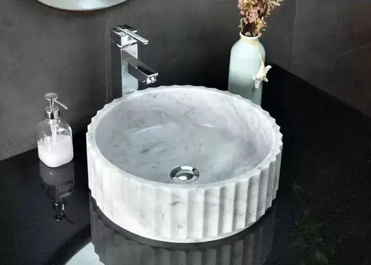 Carrara White Marble Fluted Round Wash Basin – Custom Natural Stone Sink - Natural stone bathroom sinkBathroomLux