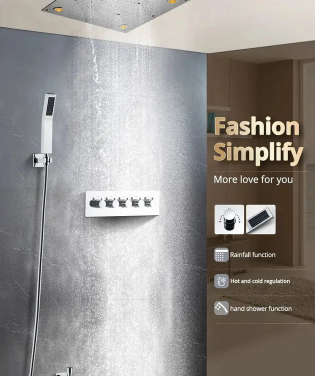 Ceiling Rain Shower with Handheld – Rainfall Shower Set with Remote Control LED Lighting - Ceiling Rain Shower with HandheldBathroomLux