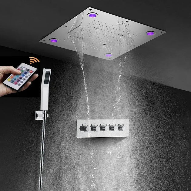 Ceiling Rain Shower with Handheld – Rainfall Shower Set with Remote Control LED Lighting - Ceiling Rain Shower with HandheldBathroomLux