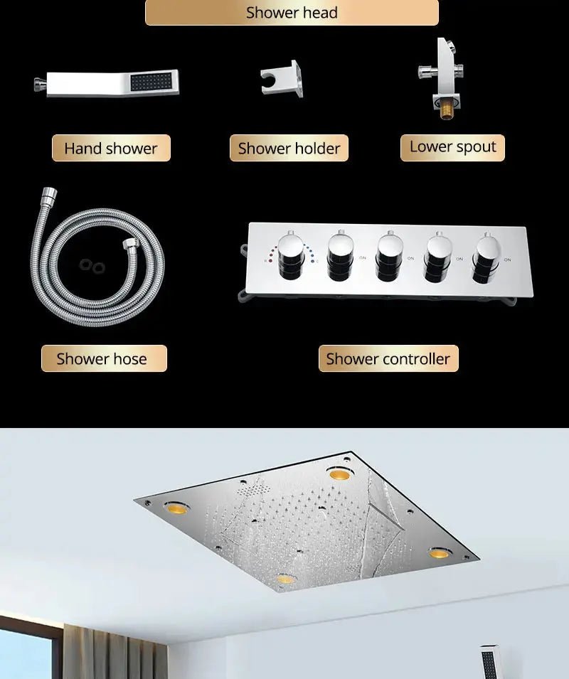 Ceiling Rain Shower with Handheld – Rainfall Shower Set with Remote Control LED Lighting - Ceiling Rain Shower with HandheldBathroomLux