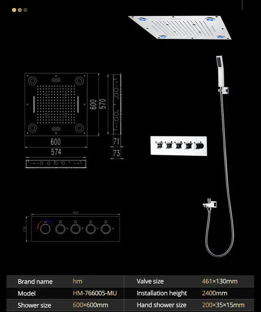 Ceiling Rain Shower with Handheld – Rainfall Shower Set with Remote Control LED Lighting - Ceiling Rain Shower with HandheldBathroomLux