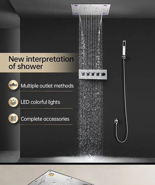 Ceiling Rain Shower with Handheld – Rainfall Shower Set with Remote Control LED Lighting - Ceiling Rain Shower with HandheldBathroomLux