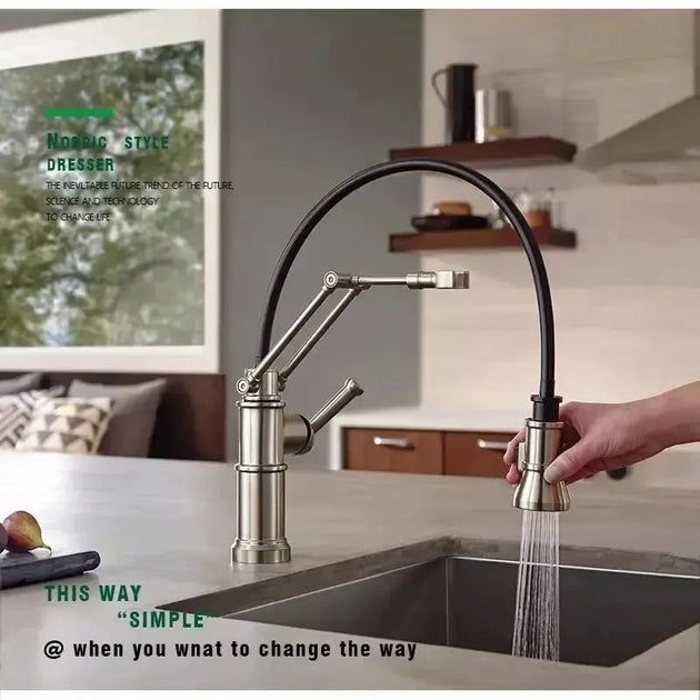Chrome Pull Out Kitchen Faucet – Solid Brass 360° Spring Sink Tap - 3 Ways Kitchen Pull OutBathroomLux