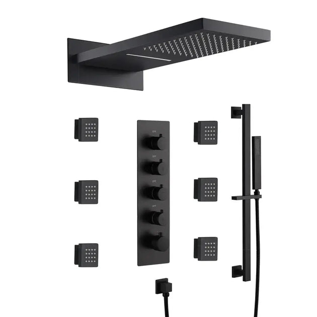 Chrome Thermostatic LED Shower System – with Body Jets - Black Thermostatic LED Shower SystemBathroomLux