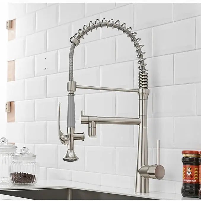 Commercial Pull Down Kitchen Faucet – 2 in 1 Brushed Nickel Brass Mixer Tap - 3 Ways Kitchen Pull OutBathroomLux