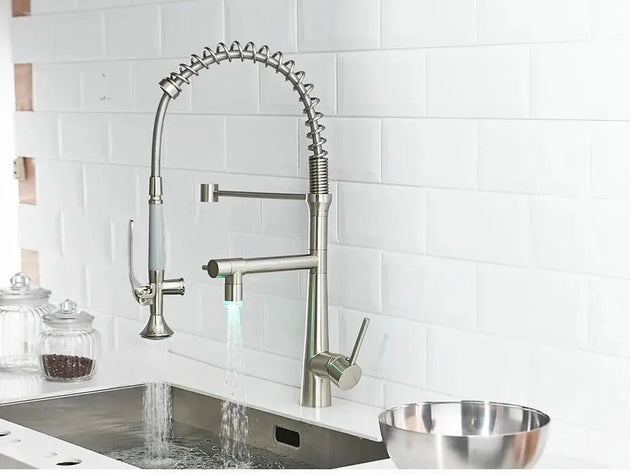 Commercial Pull Down Kitchen Faucet – 2 in 1 Brushed Nickel Brass Mixer Tap - 3 Ways Kitchen Pull OutBathroomLux
