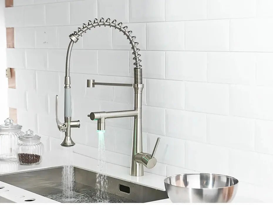 Commercial Pull Down Kitchen Faucet – 2 in 1 Brushed Nickel Brass Mixer Tap - 3 Ways Kitchen Pull OutBathroomLux