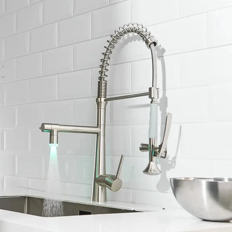 Commercial Pull Down Kitchen Faucet – 2 in 1 Brushed Nickel Brass Mixer Tap - 3 Ways Kitchen Pull OutBathroomLux