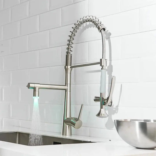 Commercial Pull Down Kitchen Faucet – 2 in 1 Brushed Nickel Brass Mixer Tap - 3 Ways Kitchen Pull OutBathroomLux