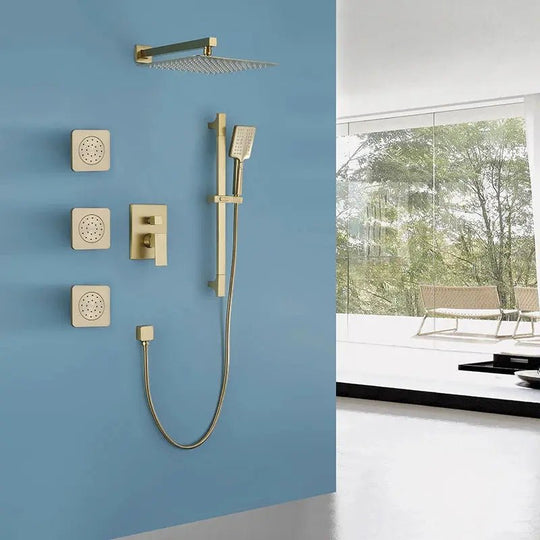 Concealed Brushed Gold Square Bathroom Shower System – 3 - Function Brass Faucet Set - Concealed Rain Shower SystemBathroomLux