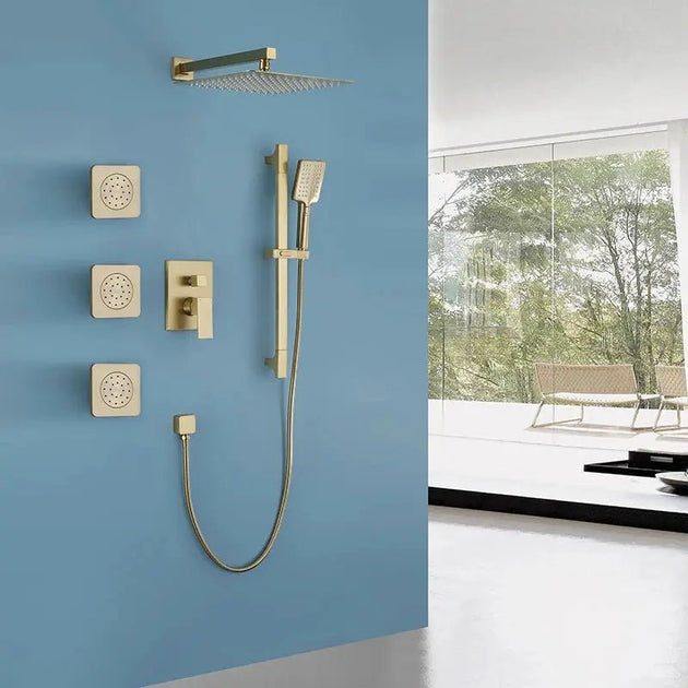 Concealed Brushed Gold Square Bathroom Shower System – 3 - Function Brass Faucet Set - Concealed Rain Shower SystemBathroomLux