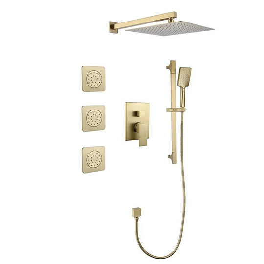 Concealed Brushed Gold Square Bathroom Shower System – 3 - Function Brass Faucet Set - Concealed Rain Shower SystemBathroomLux