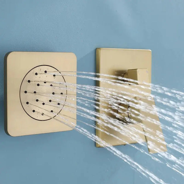 Concealed Brushed Gold Square Bathroom Shower System – 3 - Function Brass Faucet Set - Concealed Rain Shower SystemBathroomLux