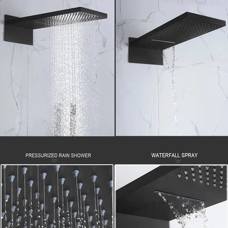 Concealed Matte Black Thermostatic Rainfall Shower Set – Wall Mount - Concealed Dual Handles Rainfall Shower Head Combo SetBathroomLux