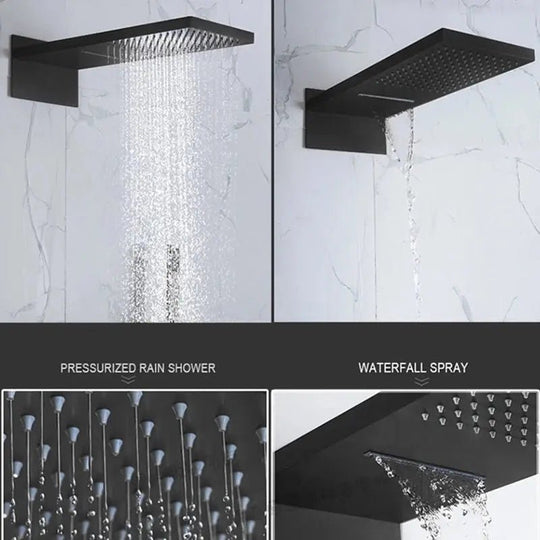 Concealed Matte Black Thermostatic Rainfall Shower Set – Wall Mount - Concealed Dual Handles Rainfall Shower Head Combo SetBathroomLux