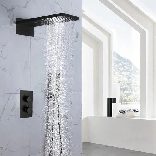 Concealed Matte Black Thermostatic Rainfall Shower Set – Wall Mount - Concealed Dual Handles Rainfall Shower Head Combo SetBathroomLux
