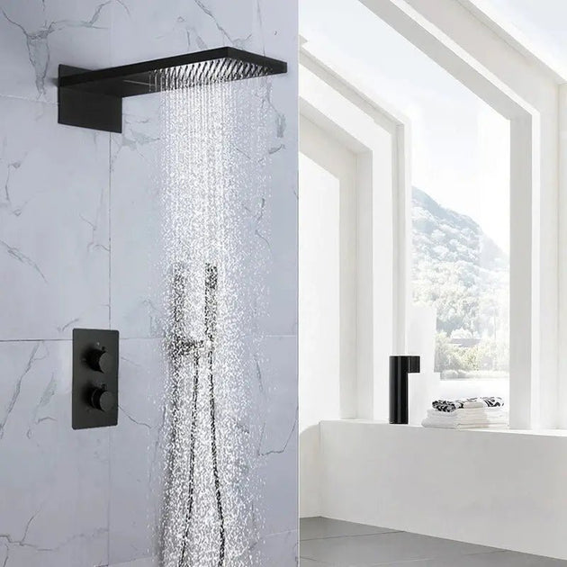 Concealed Matte Black Thermostatic Rainfall Shower Set – Wall Mount - Concealed Dual Handles Rainfall Shower Head Combo SetBathroomLux