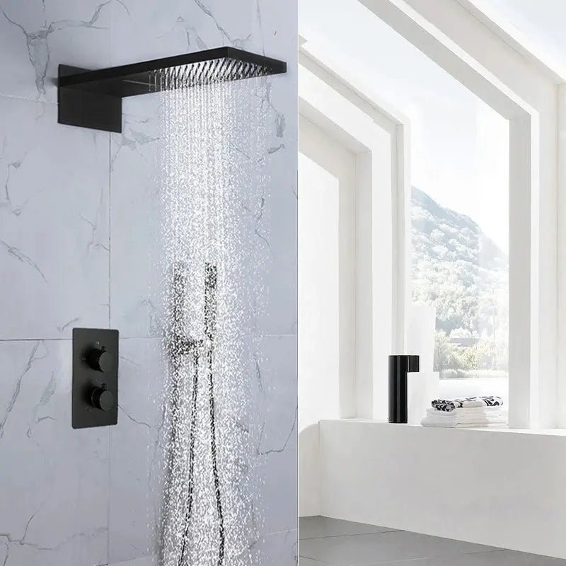 Concealed Matte Black Thermostatic Rainfall Shower Set – Wall Mount - Concealed Dual Handles Rainfall Shower Head Combo SetBathroomLux