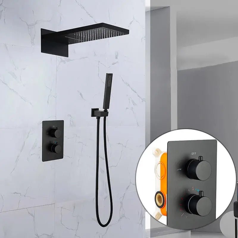 Concealed Matte Black Thermostatic Rainfall Shower Set – Wall Mount - Concealed Dual Handles Rainfall Shower Head Combo SetBathroomLux
