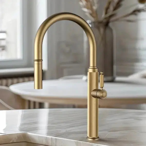 Contemporary Brushed Gold Kitchen Mixer Tap – Single Lever Pull - Out Sprayer - Purification Kitchen Faucets Black Pull Down 3 Ways MixerBathroomLux