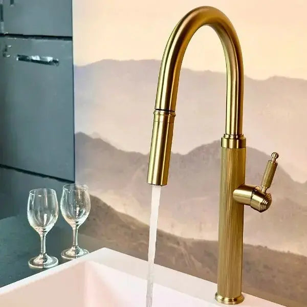 Contemporary Brushed Gold Kitchen Mixer Tap – Single Lever Pull - Out Sprayer - Purification Kitchen Faucets Black Pull Down 3 Ways MixerBathroomLux