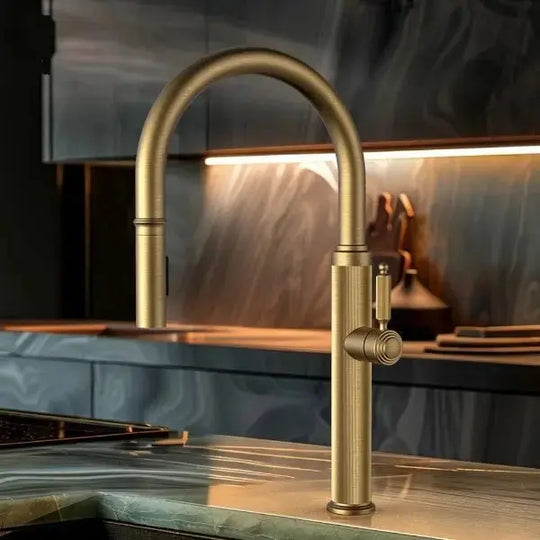 Contemporary Brushed Gold Kitchen Mixer Tap – Single Lever Pull - Out Sprayer - Purification Kitchen Faucets Black Pull Down 3 Ways MixerBathroomLux