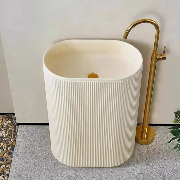 Cream Freestanding Pedestal Basin – Artificial Stone Hand Wash Sink with Faucet Included - Floor standing bathroom basinBathroomLux