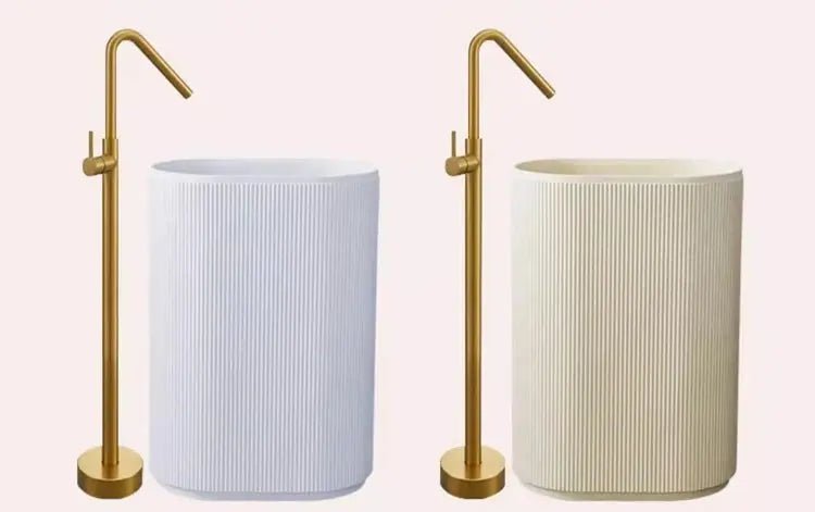Cream Freestanding Pedestal Basin – Artificial Stone Hand Wash Sink with Faucet Included - Floor standing bathroom basinBathroomLux