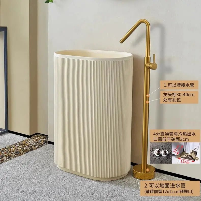 Cream Freestanding Pedestal Basin – Artificial Stone Hand Wash Sink with Faucet Included - Floor standing bathroom basinBathroomLux