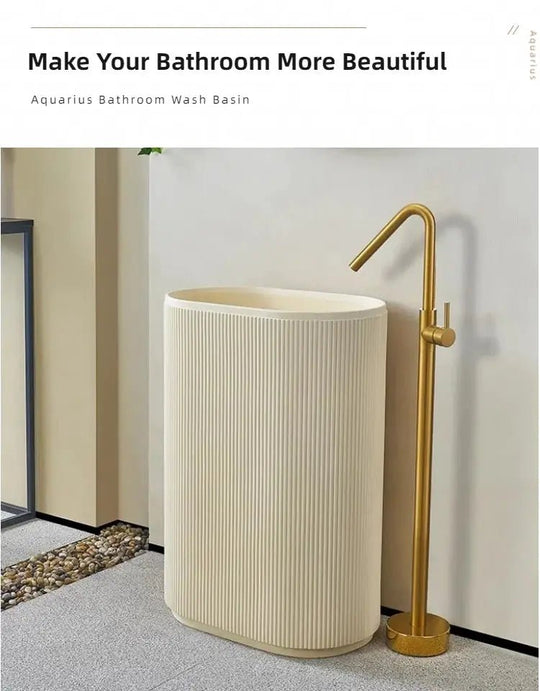 Cream Freestanding Pedestal Basin – Artificial Stone Hand Wash Sink with Faucet Included - Floor standing bathroom basinBathroomLux